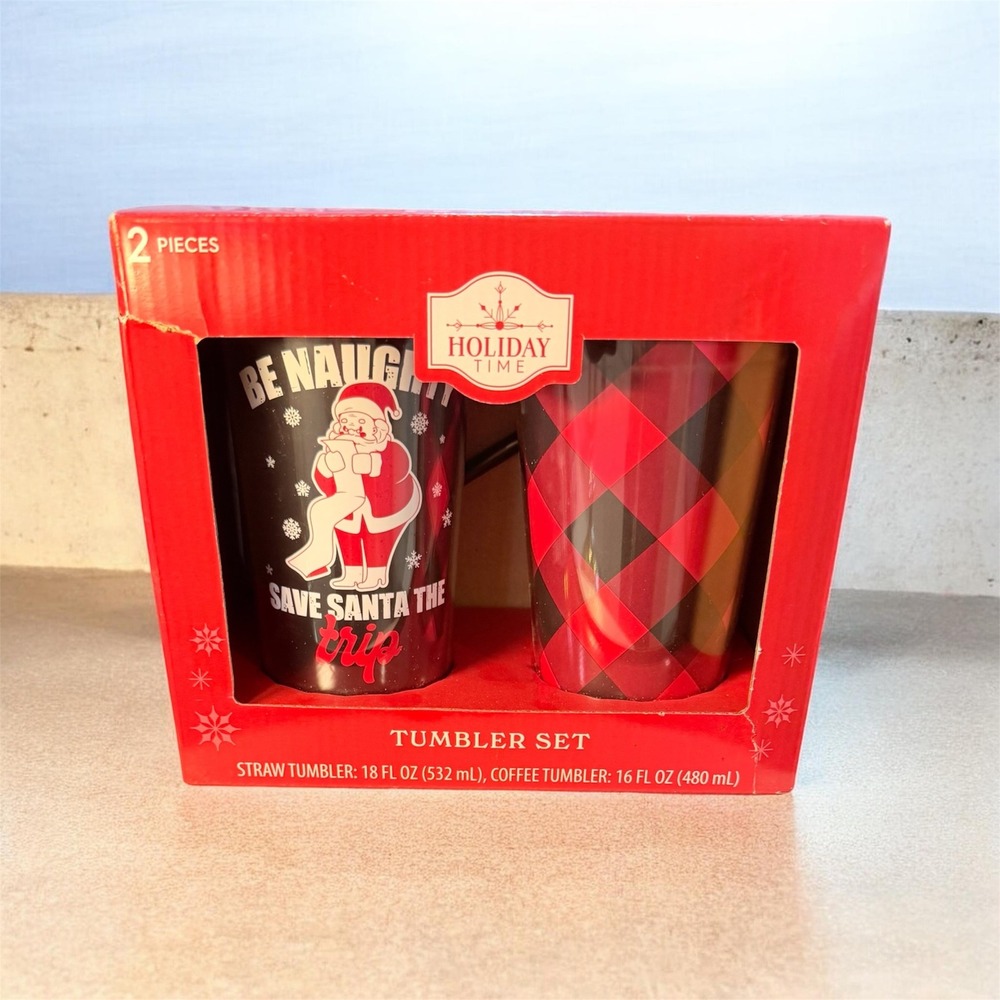Holiday Time Christmas Tumbler Set 2pc Be Naughty Save Santa Buffalo Plaid Red